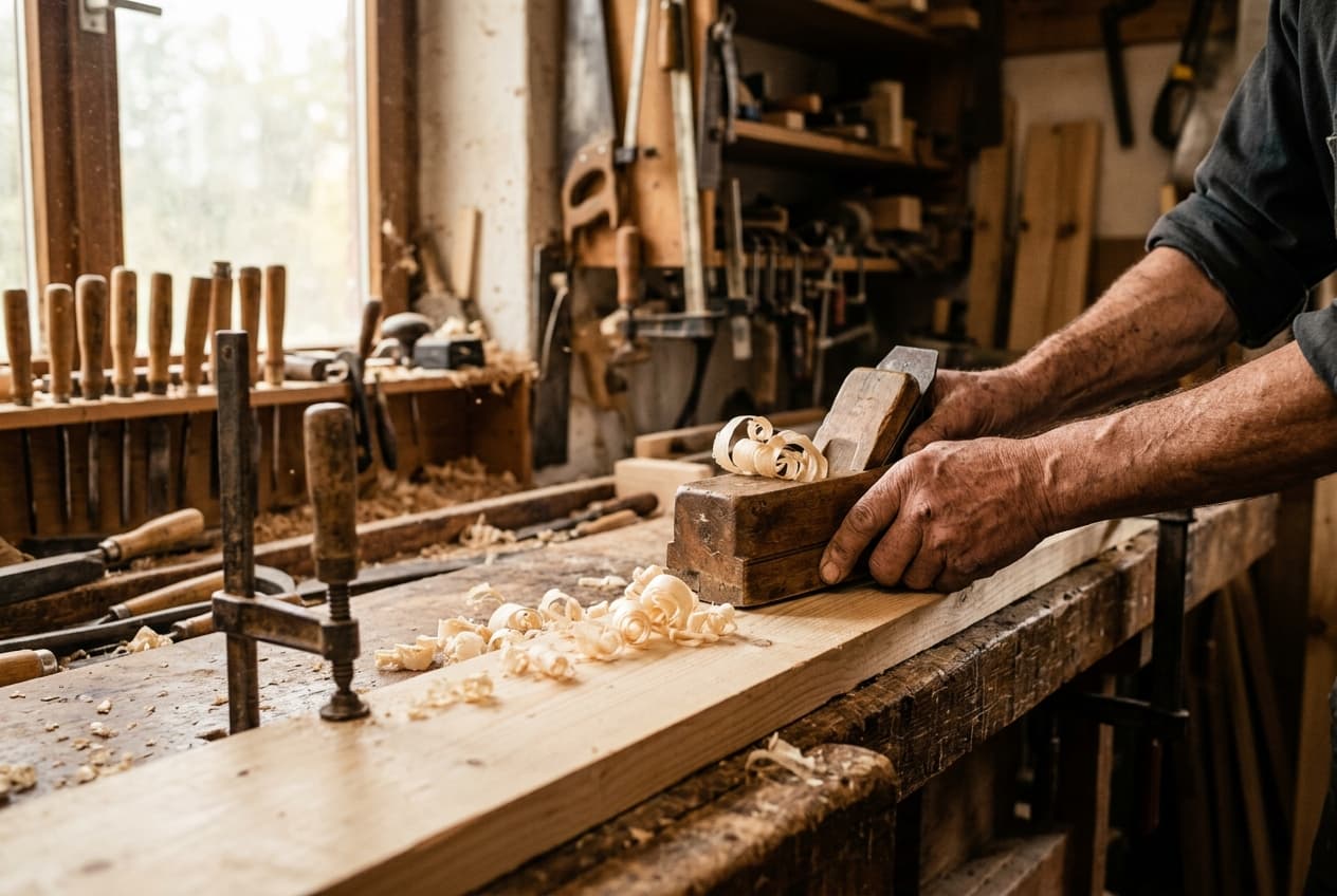 Handarbeit in der Saunakultur-Werkstatt: Hobeln einer Fichtenbohle