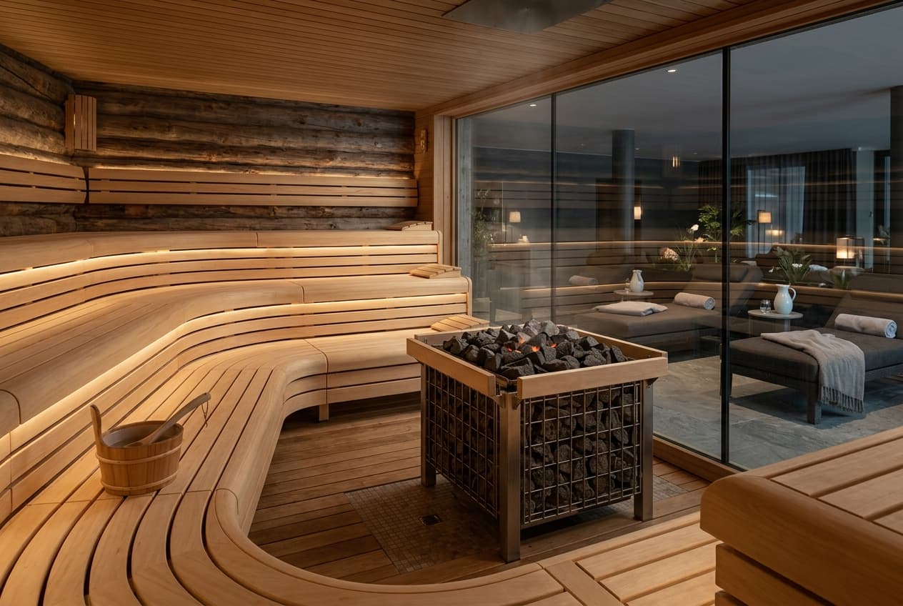 Referenz: gewerbliche Hotel-Spa-Sauna mit Panorama-Glasfront