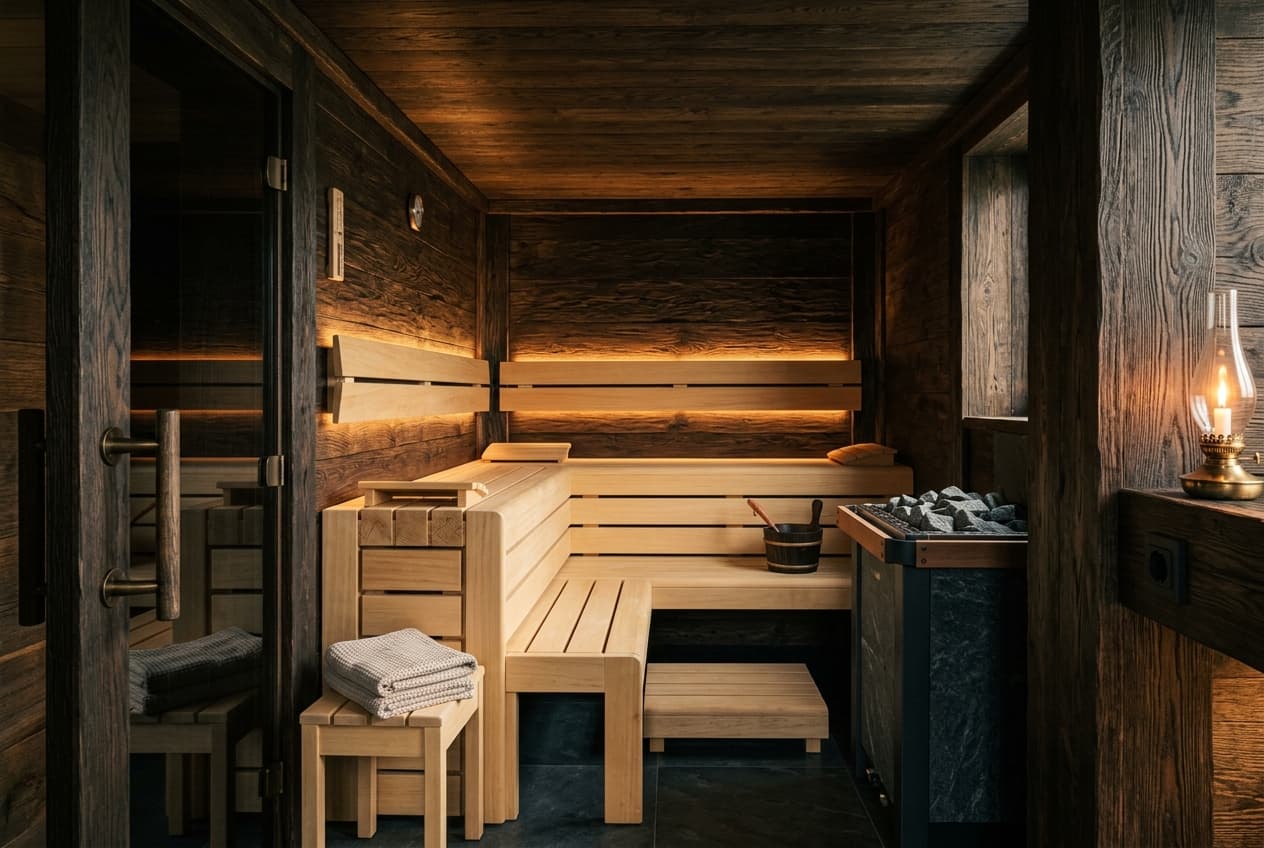 Referenz: Massivholz-Sauna in Eiche mit Espe-Bänken