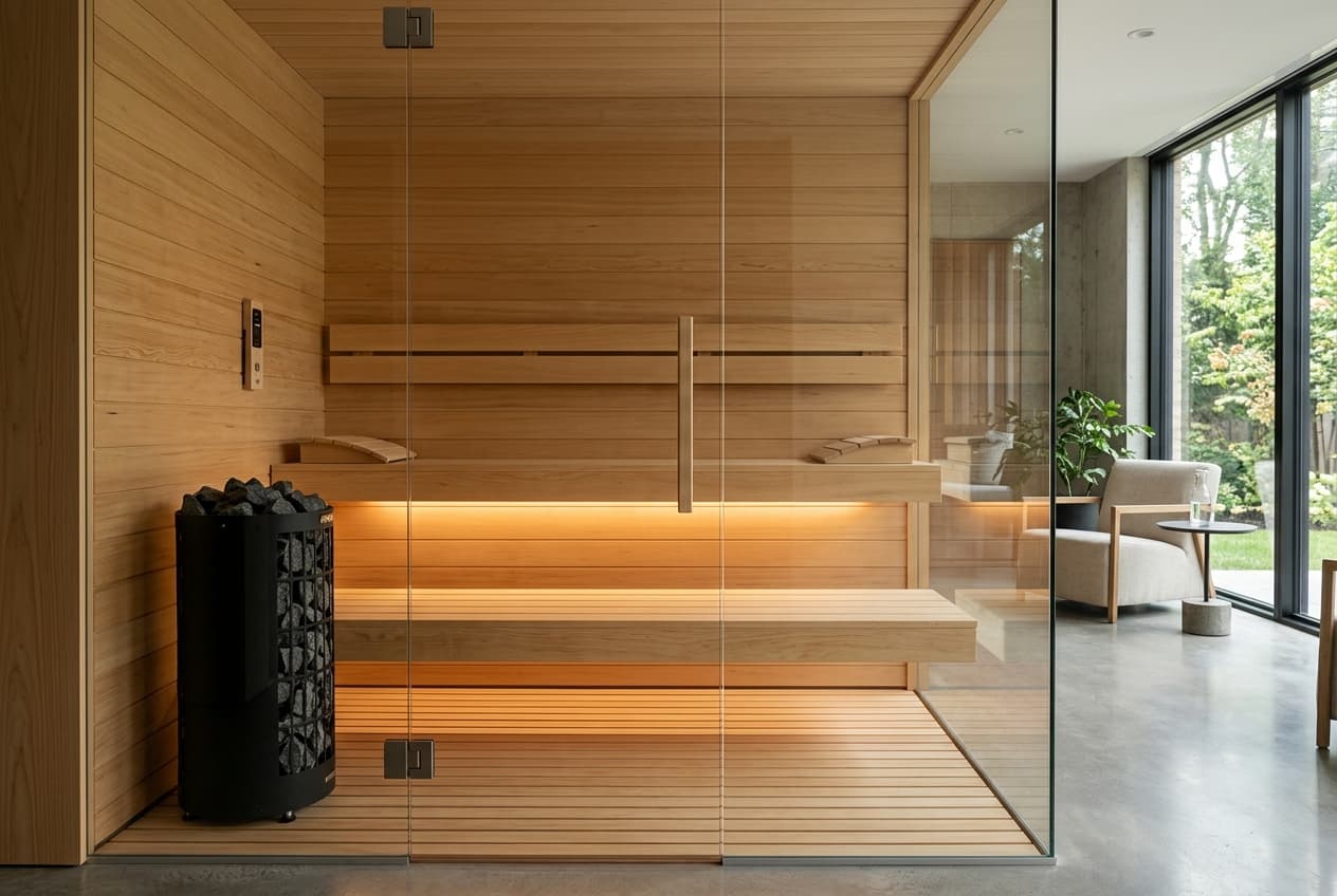Referenz: Design-Sauna mit Glasfront aus kanadischer Hemlock